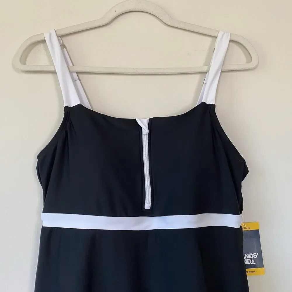 NWT Lands End Swim Dress Black And White One Piece Swimsuit Zip Front SZ M 10-12 - Picture 3 of 13
